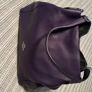 Coach purple leather shoulder purse, approximately 11”H X 15” L X 5”D